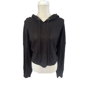 Versona Womens Cropped Hoodie Ribbed Knit Black Hooded Sweater Pullover XL